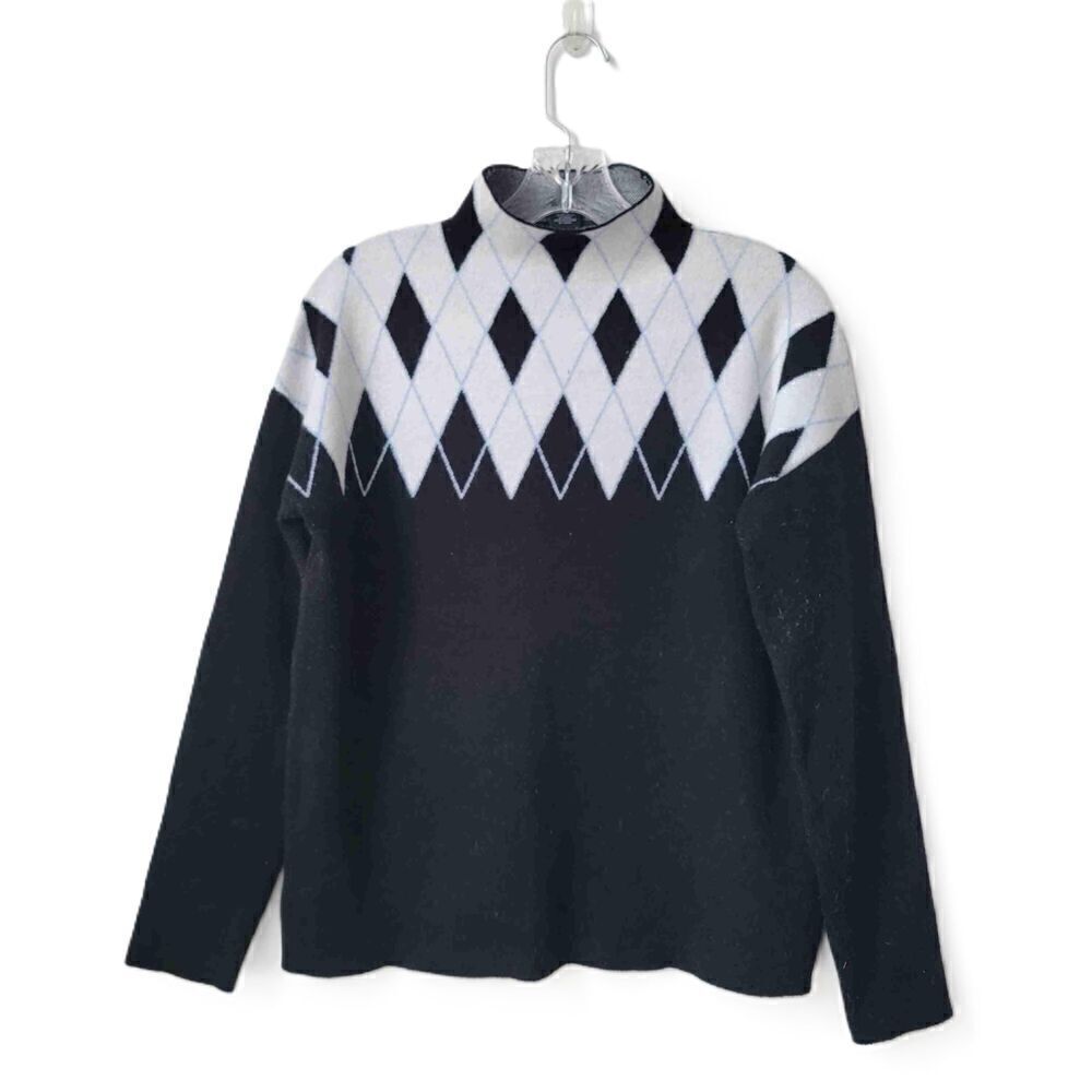 TAHARI Argyle Pattern Long Sleeve High Neck Pullover Sweater Black White Medium